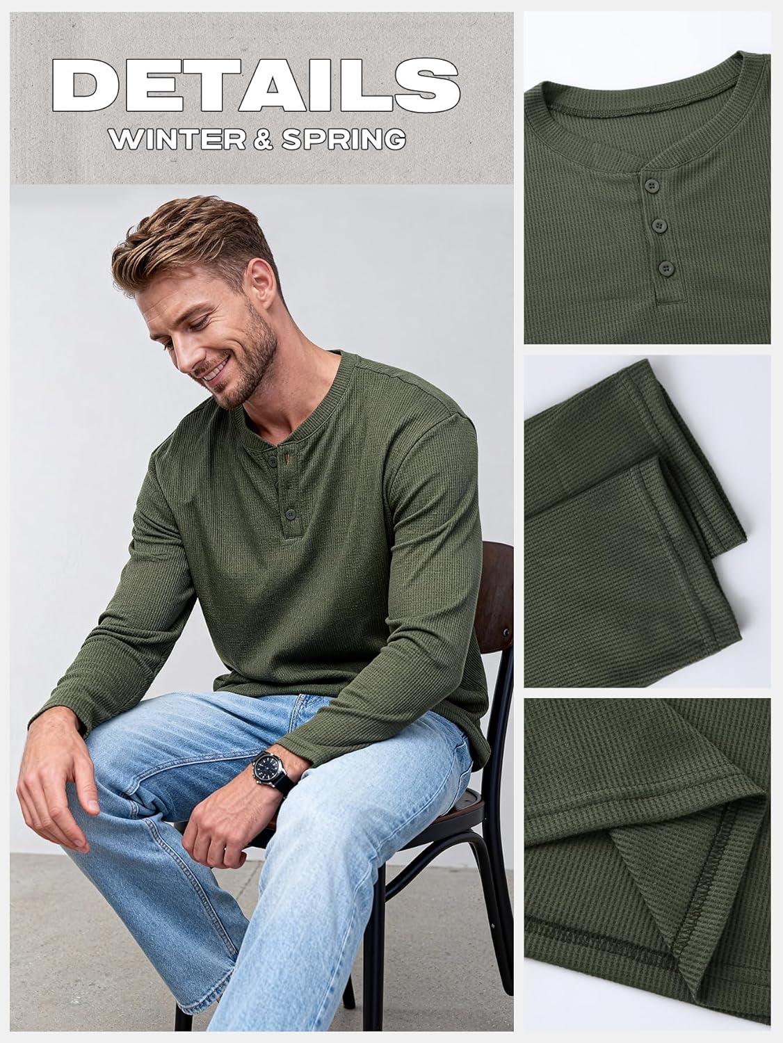 image:imageArssm 3 Pack Mens Waffle Henley Shirts Long Sleeve Cotton Casual TShirts Lightweight Thermal UndershirtsBlacklightgreyarmy