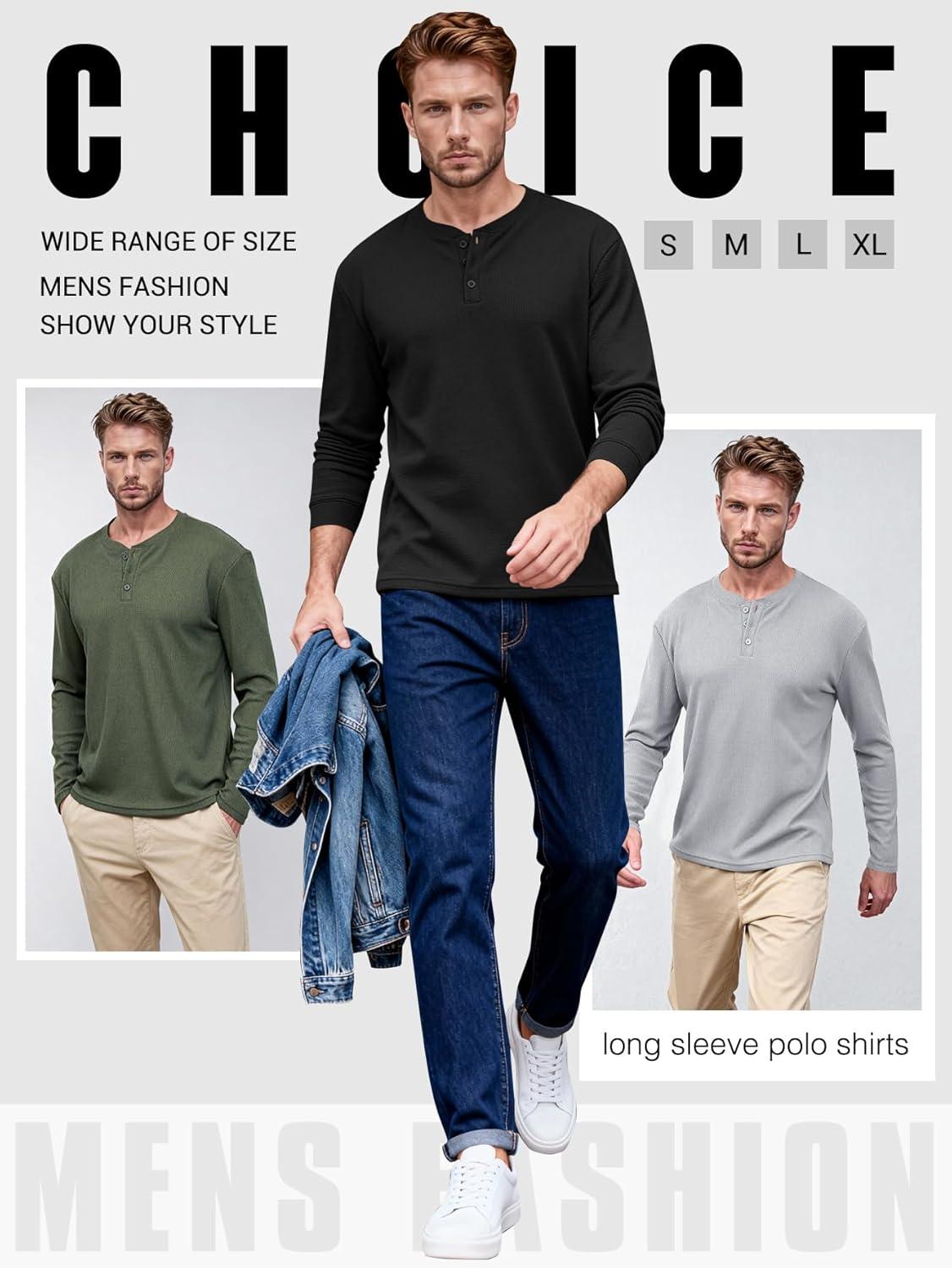 image:imageArssm 3 Pack Mens Waffle Henley Shirts Long Sleeve Cotton Casual TShirts Lightweight Thermal UndershirtsBlacklightgreyarmy