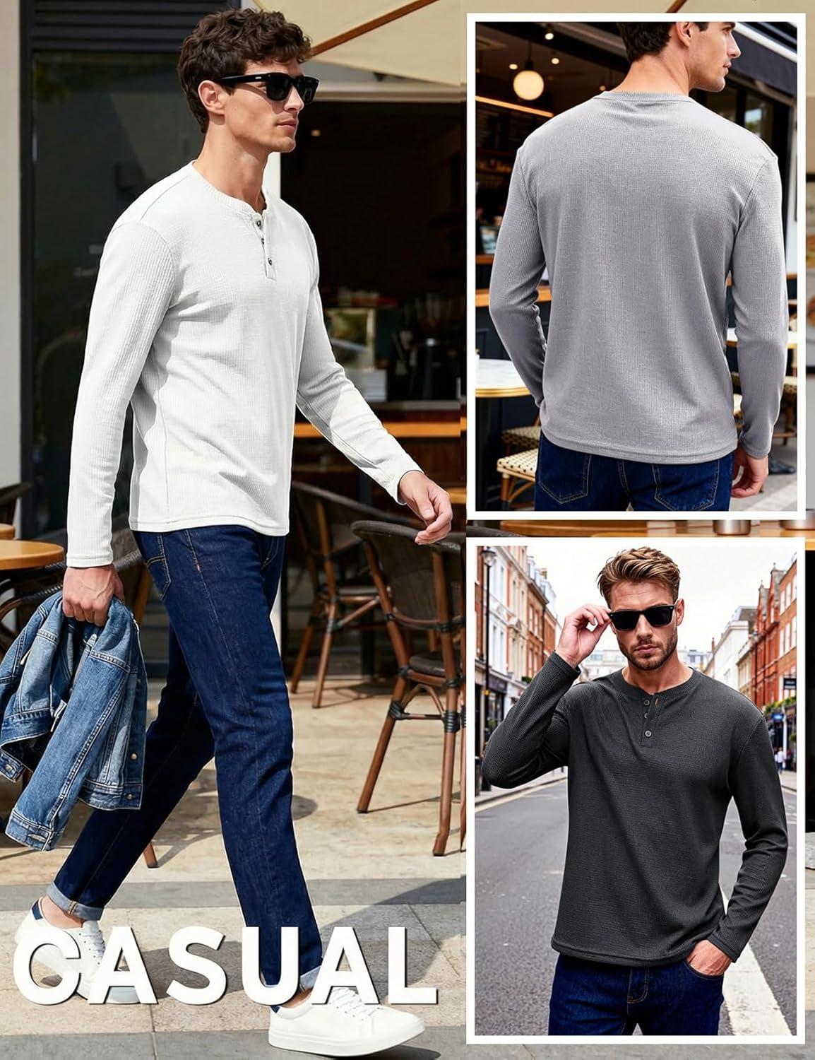 image:imageArssm 3 Pack Mens Waffle Henley Shirts Long Sleeve Cotton Casual TShirts Lightweight Thermal UndershirtsBlacklightgreywhite