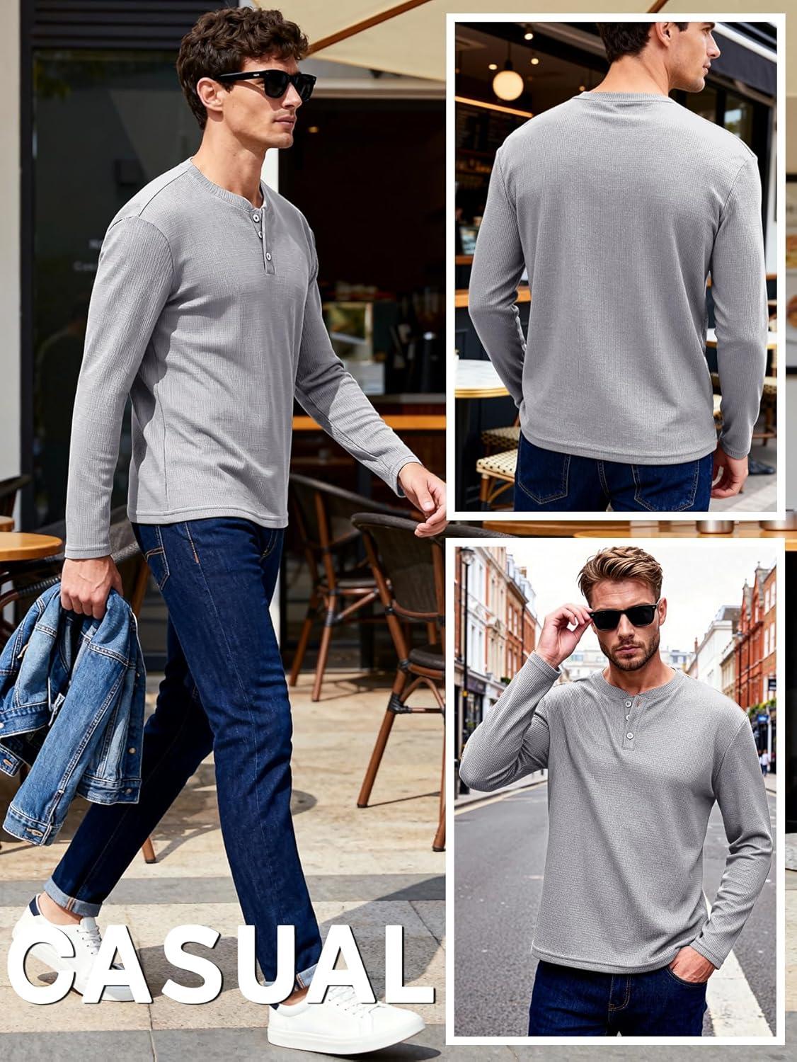 image:imageArssm 3 Pack Mens Waffle Henley Shirts Long Sleeve Cotton Casual TShirts Lightweight Thermal UndershirtsLightgrey