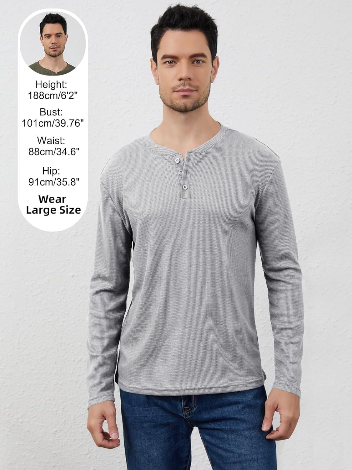 image:imageArssm 3 Pack Mens Waffle Henley Shirts Long Sleeve Cotton Casual TShirts Lightweight Thermal UndershirtsLightgrey