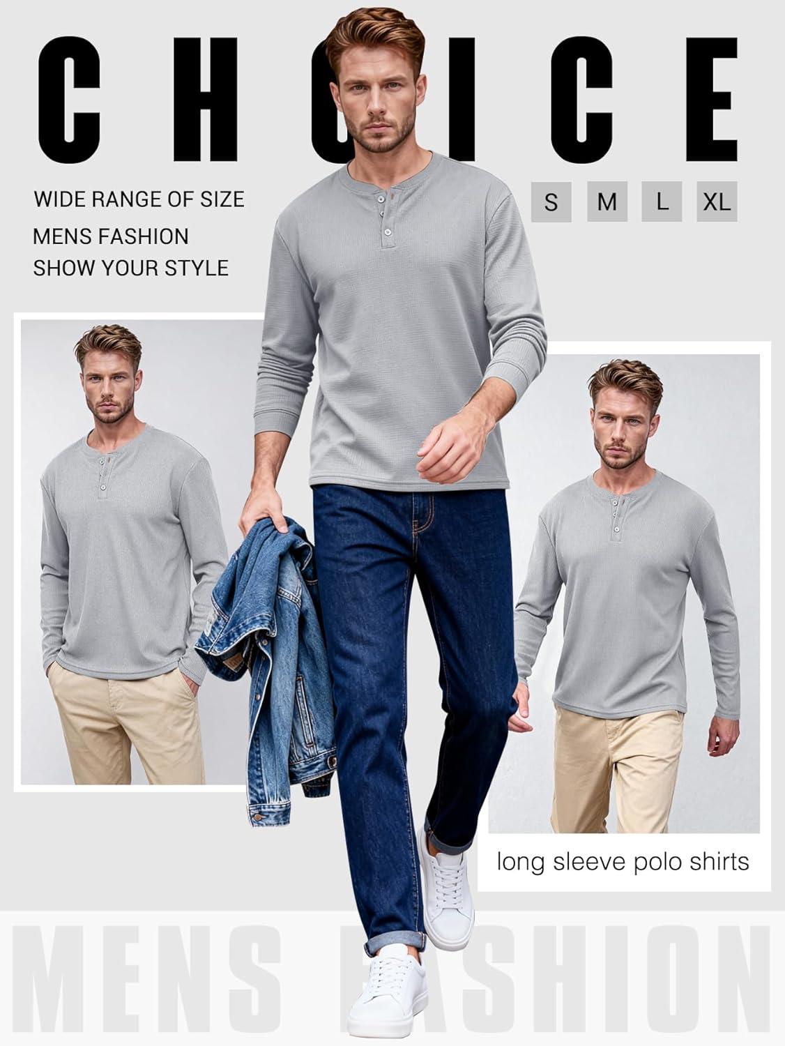 image:imageArssm 3 Pack Mens Waffle Henley Shirts Long Sleeve Cotton Casual TShirts Lightweight Thermal UndershirtsLightgrey