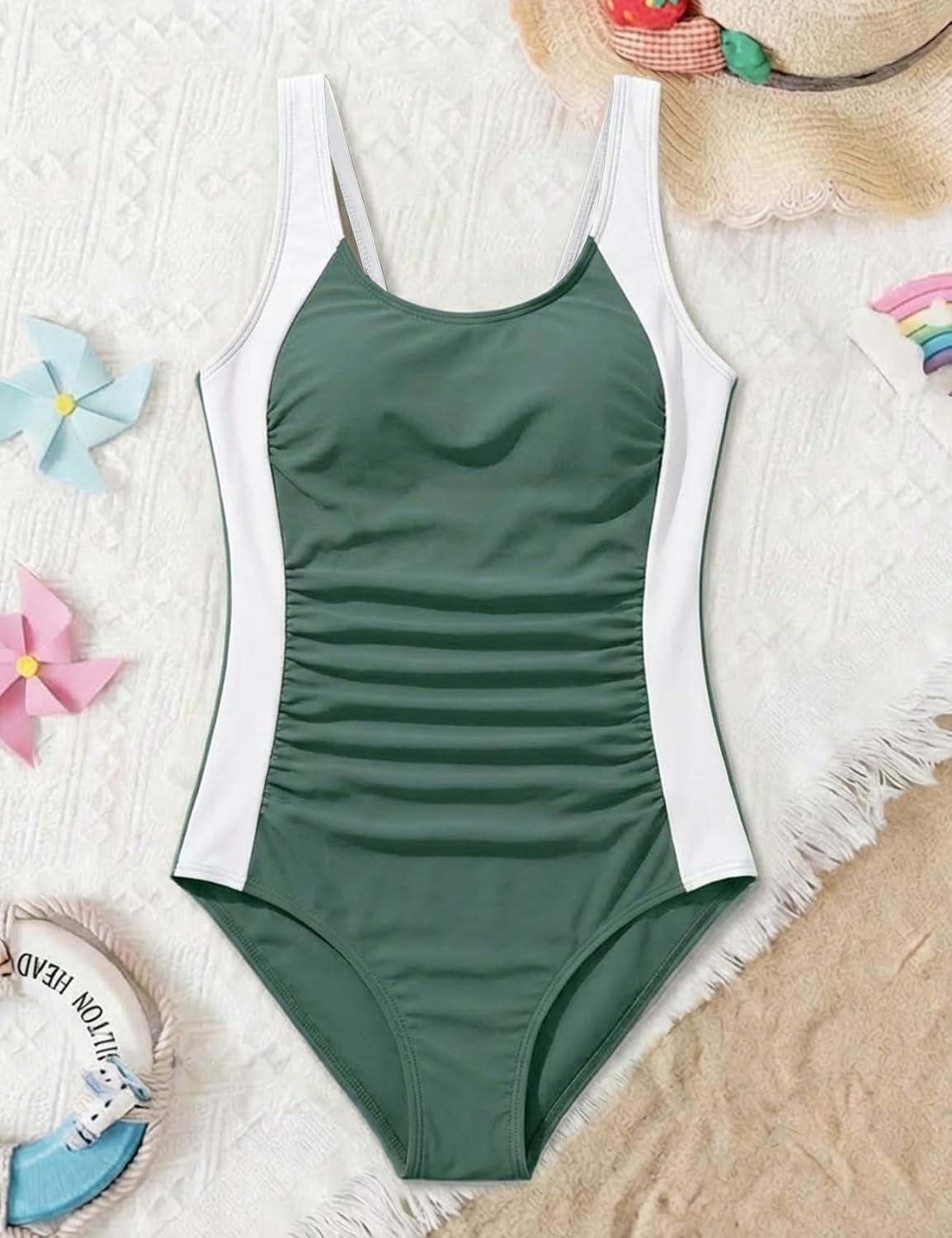 image:imageArssm Girls Swimsuit Teen Girl One Piece Swimsuit Ruched Bathing Suit Adjustable Straps Padded Swimwear 916YArmy