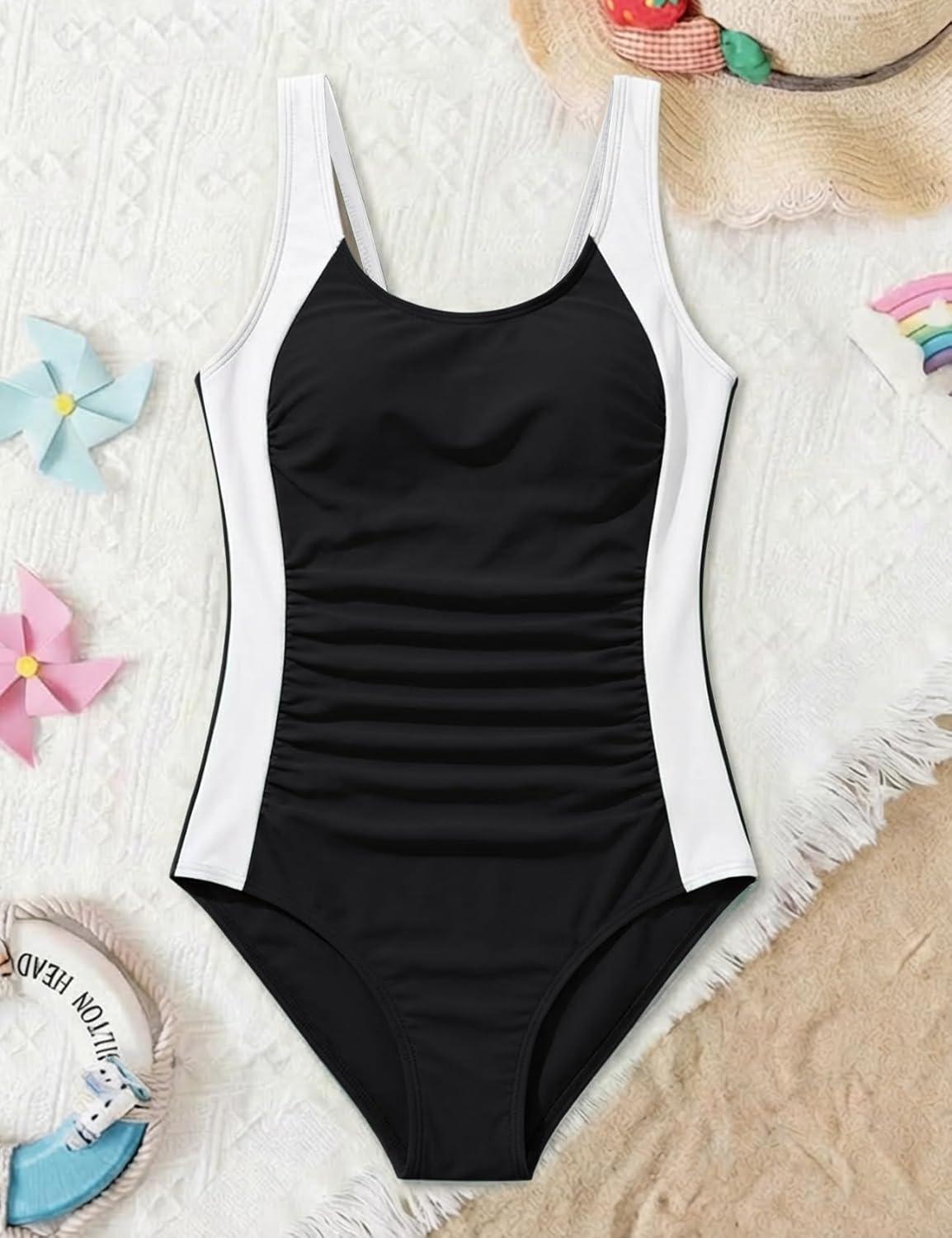 image:imageArssm Girls Swimsuit Teen Girl One Piece Swimsuit Ruched Bathing Suit Adjustable Straps Padded Swimwear 916YBlack