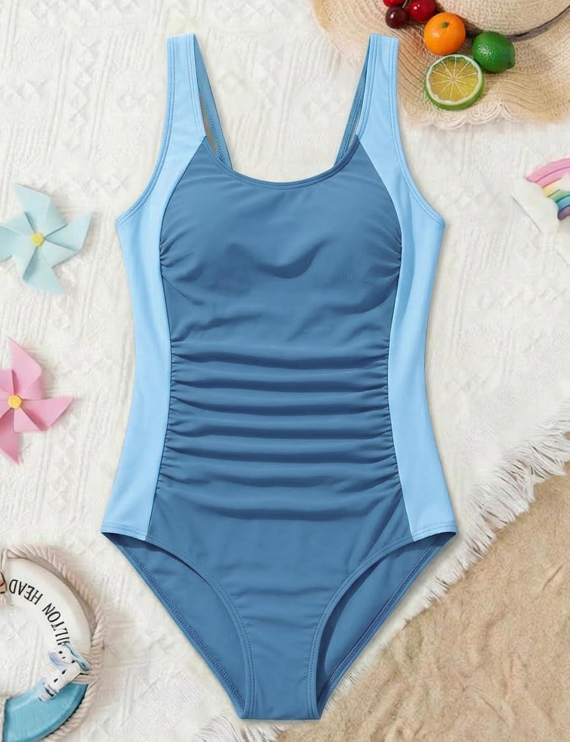 image:imageArssm Girls Swimsuit Teen Girl One Piece Swimsuit Ruched Bathing Suit Adjustable Straps Padded Swimwear 916YBlue