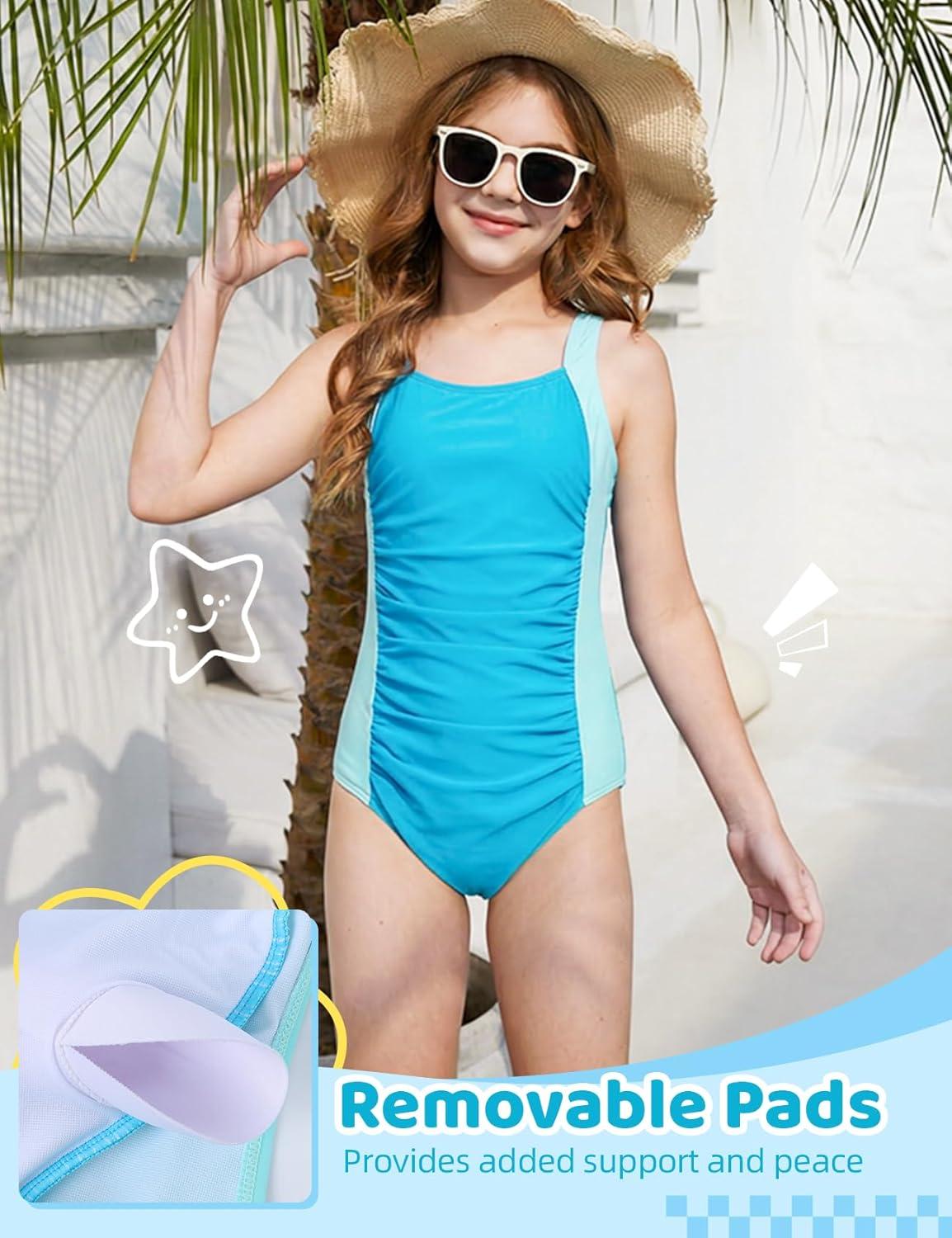 image:imageArssm Girls Swimsuit Teen Girl One Piece Swimsuit Ruched Bathing Suit Adjustable Straps Padded Swimwear 916YLightblue