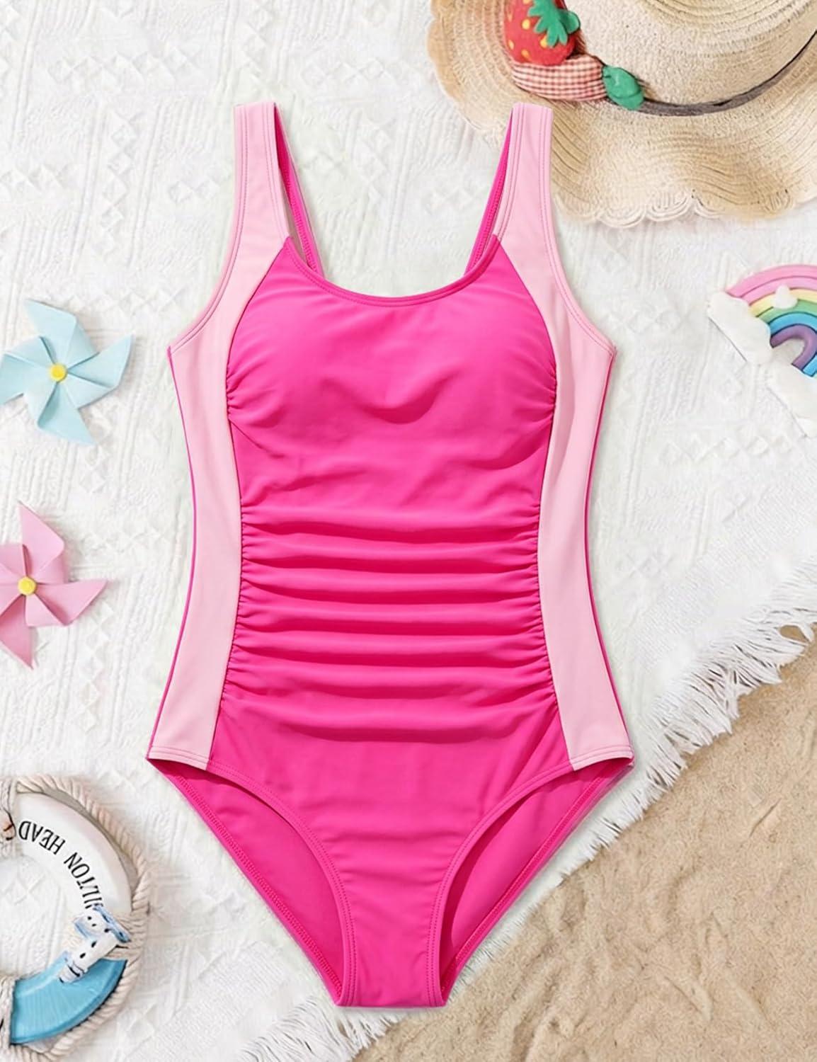 image:imageArssm Girls Swimsuit Teen Girl One Piece Swimsuit Ruched Bathing Suit Adjustable Straps Padded Swimwear 916YRosered