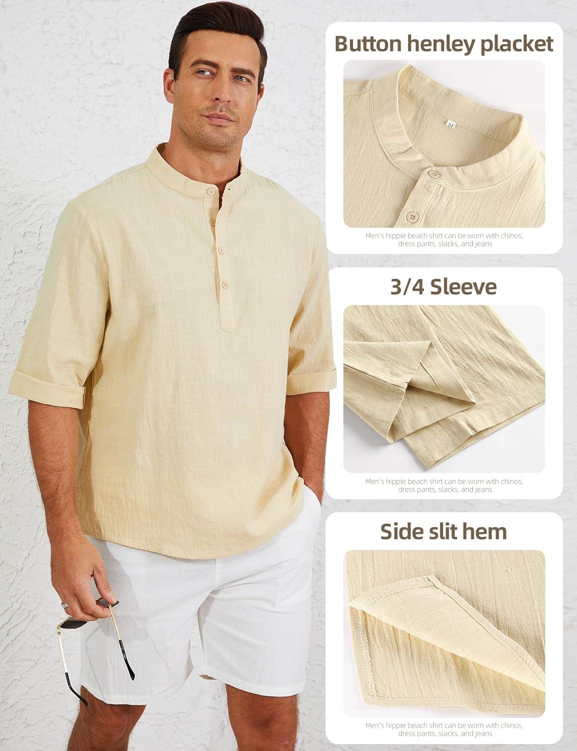 image:imageArssm Linen Shirts for Men Henley Shirts 34 Sleeve Cotton T Shirts Summer Beach TopsBeige