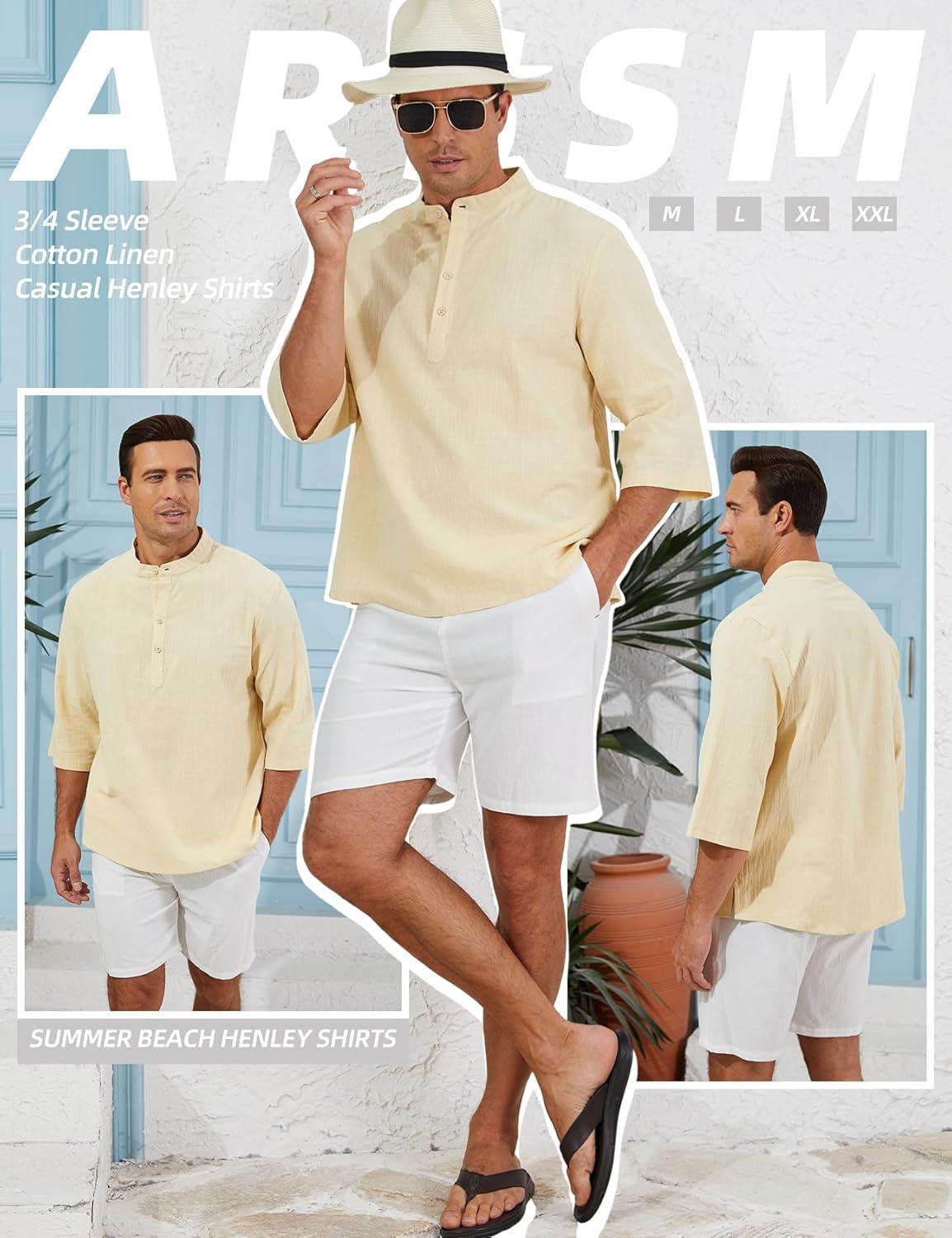 image:imageArssm Linen Shirts for Men Henley Shirts 34 Sleeve Cotton T Shirts Summer Beach TopsBeige