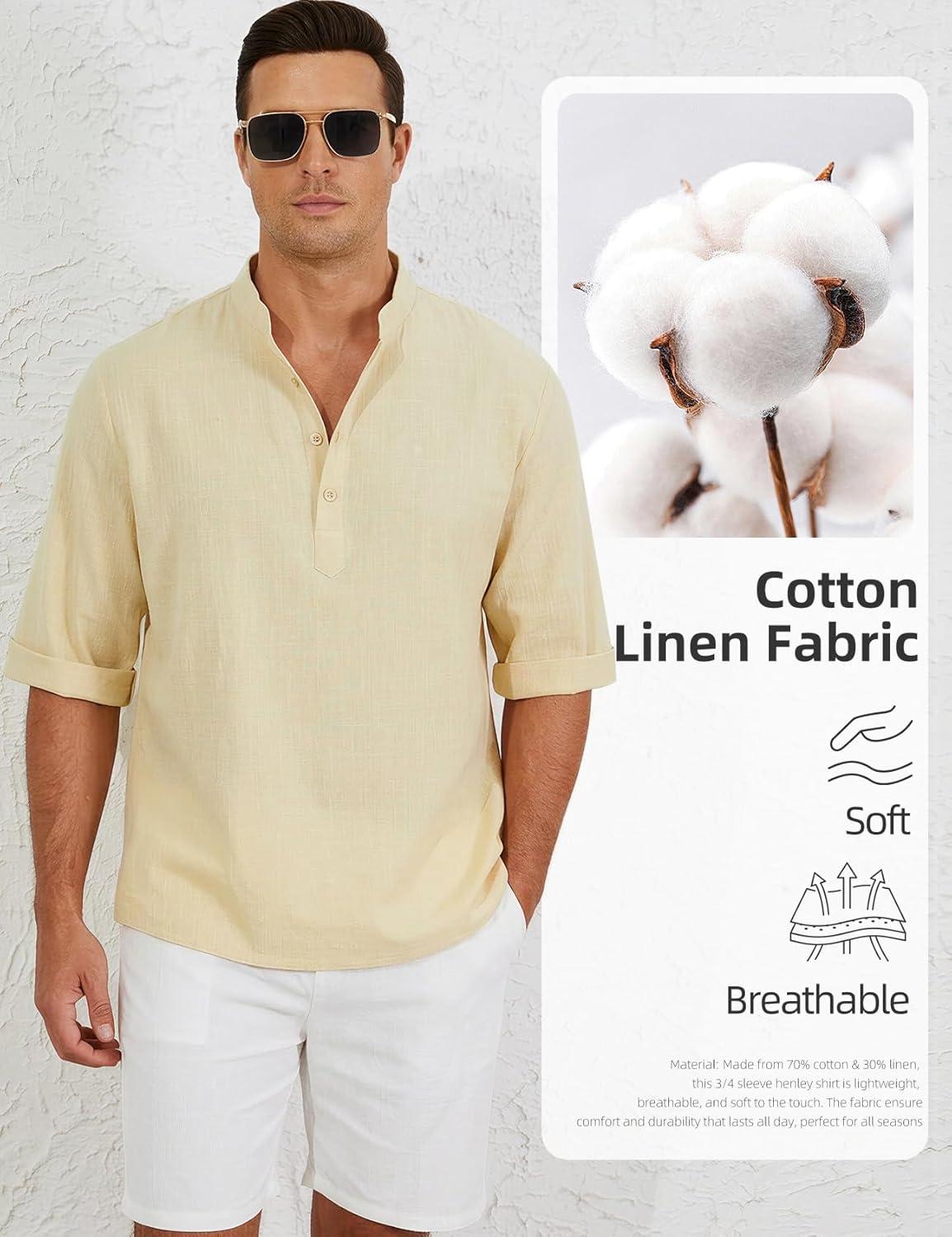 image:imageArssm Linen Shirts for Men Henley Shirts 34 Sleeve Cotton T Shirts Summer Beach TopsBeige