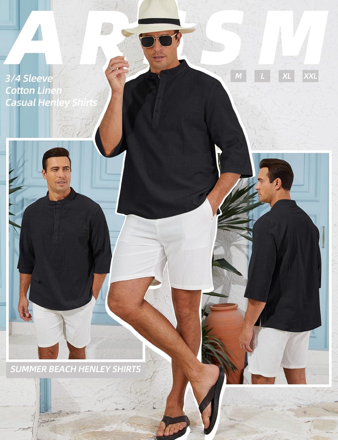 image:imageArssm Linen Shirts for Men Henley Shirts 34 Sleeve Cotton T Shirts Summer Beach TopsBlack