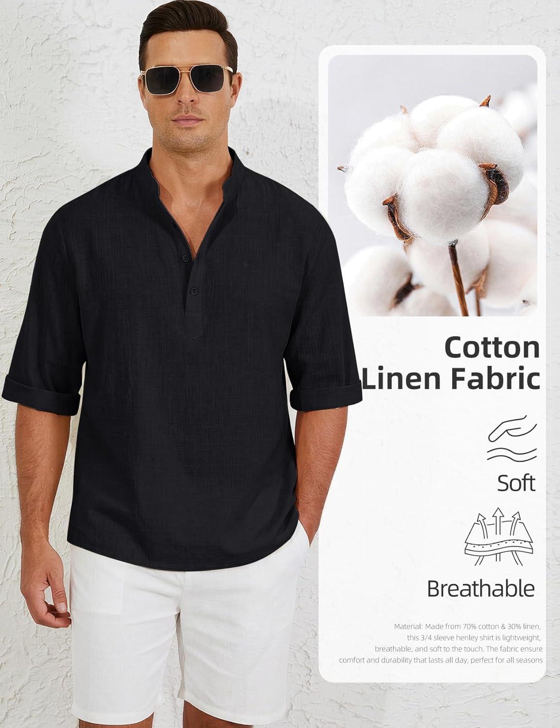 image:imageArssm Linen Shirts for Men Henley Shirts 34 Sleeve Cotton T Shirts Summer Beach TopsBlack