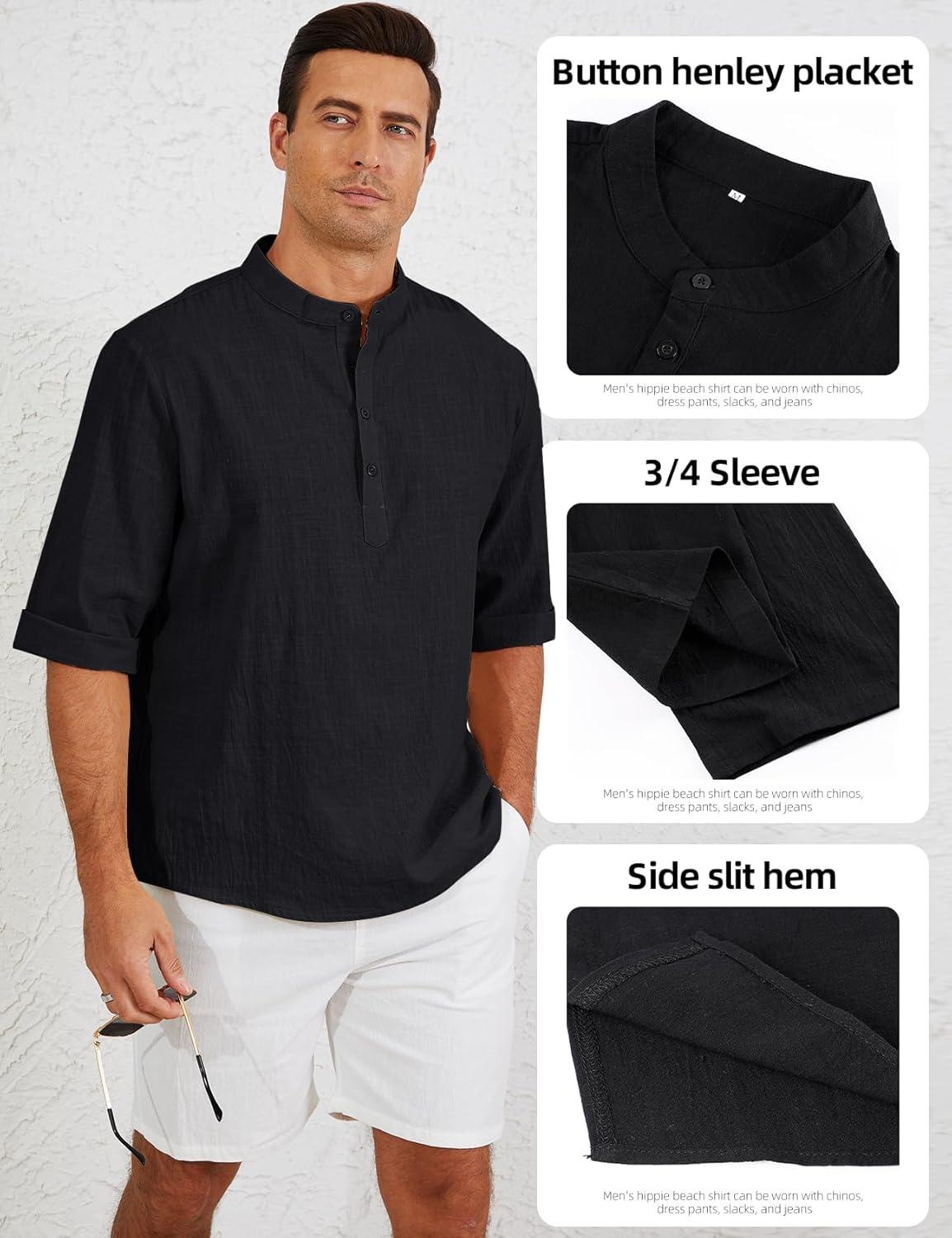 image:imageArssm Linen Shirts for Men Henley Shirts 34 Sleeve Cotton T Shirts Summer Beach TopsBlack