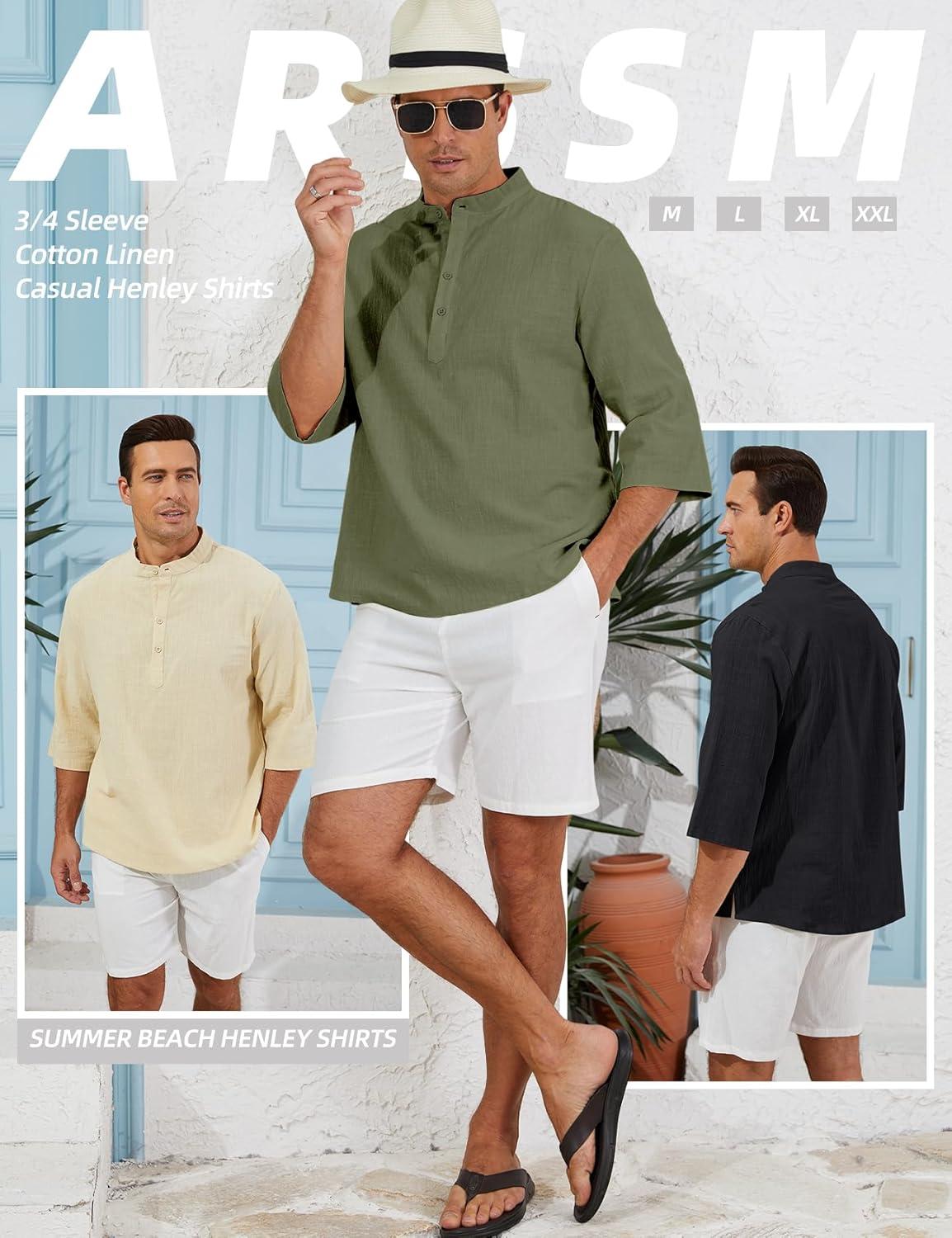 image:imageArssm Linen Shirts for Men Henley Shirts 34 Sleeve Cotton T Shirts Summer Beach TopsBlackbeigearmy