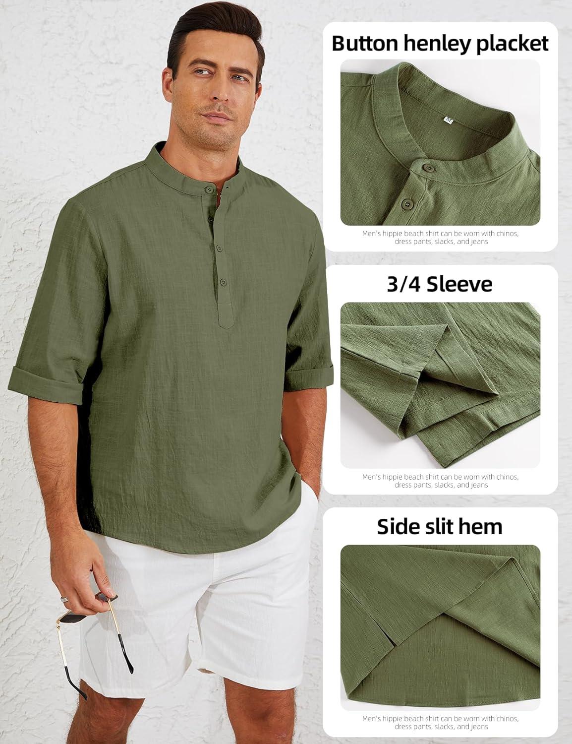 image:imageArssm Linen Shirts for Men Henley Shirts 34 Sleeve Cotton T Shirts Summer Beach TopsBlackbeigearmy