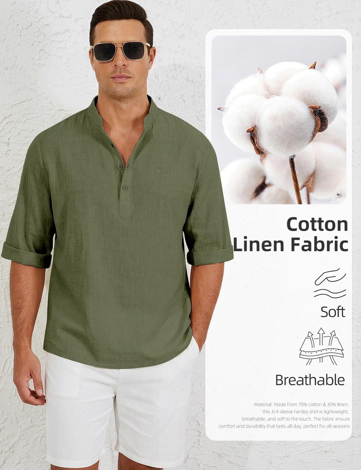 image:imageArssm Linen Shirts for Men Henley Shirts 34 Sleeve Cotton T Shirts Summer Beach TopsBlackbeigearmy