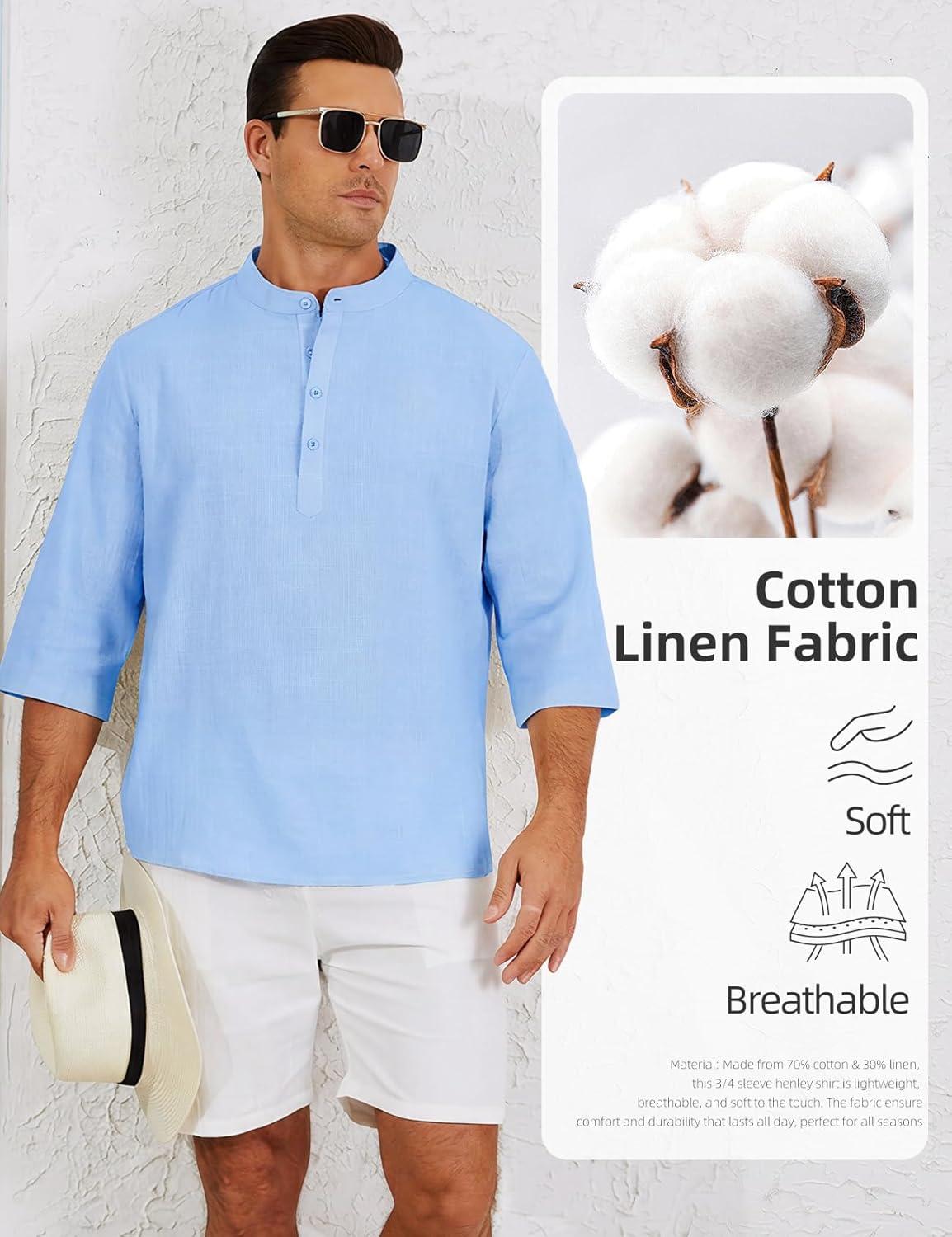 image:imageArssm Linen Shirts for Men Henley Shirts 34 Sleeve Cotton T Shirts Summer Beach TopsBlackbeigeblue