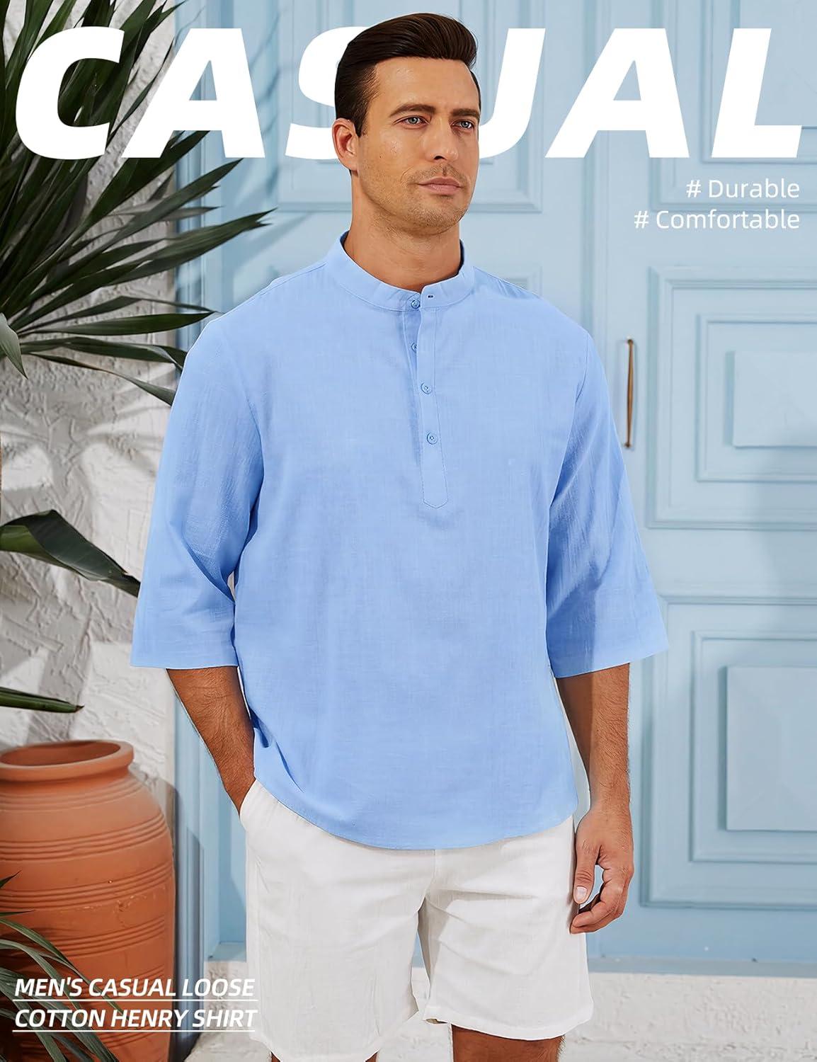 image:imageArssm Linen Shirts for Men Henley Shirts 34 Sleeve Cotton T Shirts Summer Beach TopsBlackbeigeblue