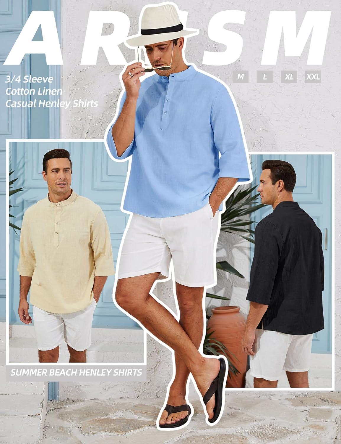 image:imageArssm Linen Shirts for Men Henley Shirts 34 Sleeve Cotton T Shirts Summer Beach TopsBlackbeigeblue