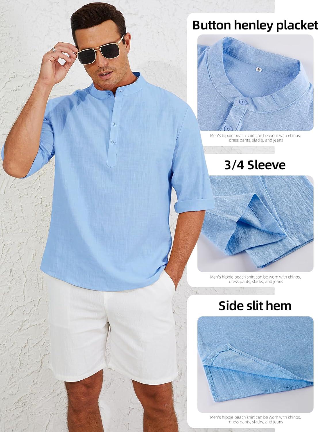 image:imageArssm Linen Shirts for Men Henley Shirts 34 Sleeve Cotton T Shirts Summer Beach TopsBlackbeigeblue