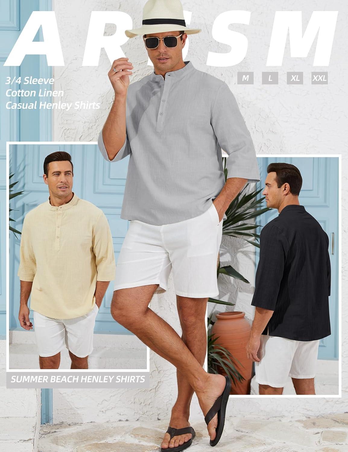 image:imageArssm Linen Shirts for Men Henley Shirts 34 Sleeve Cotton T Shirts Summer Beach TopsBlackbeigegrey