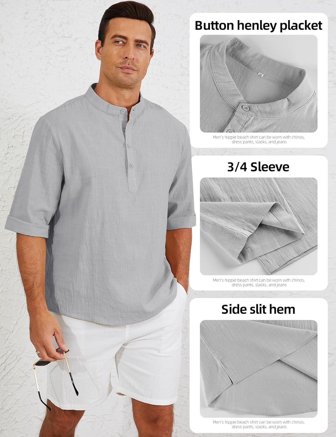 image:imageArssm Linen Shirts for Men Henley Shirts 34 Sleeve Cotton T Shirts Summer Beach TopsBlackbeigegrey