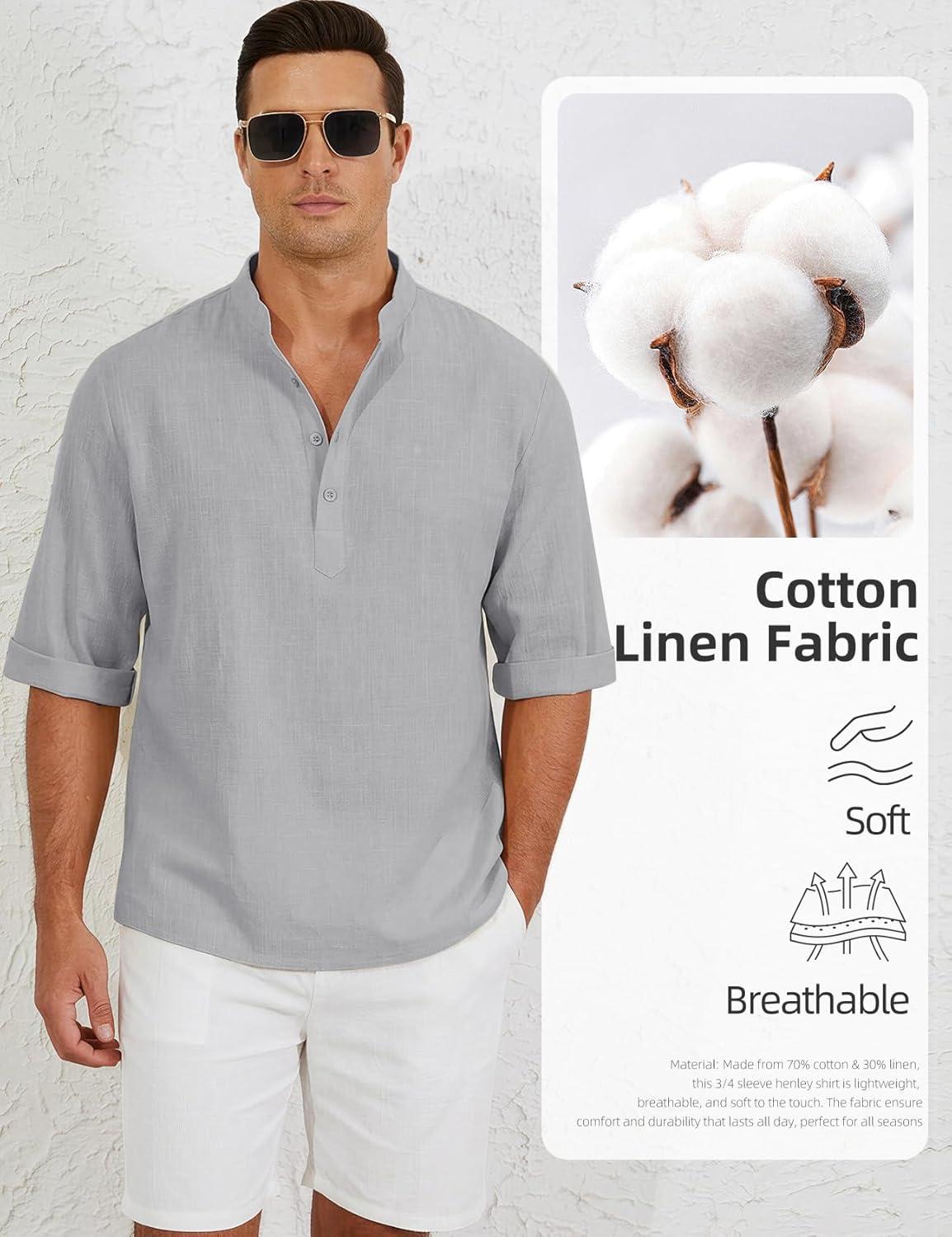 image:imageArssm Linen Shirts for Men Henley Shirts 34 Sleeve Cotton T Shirts Summer Beach TopsBlackbeigegrey