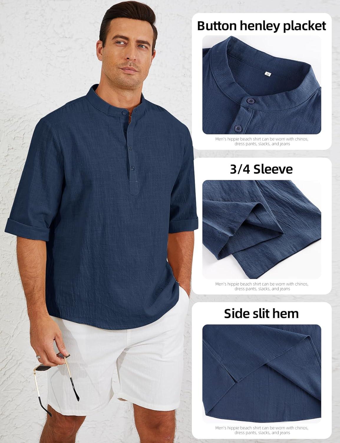 image:imageArssm Linen Shirts for Men Henley Shirts 34 Sleeve Cotton T Shirts Summer Beach TopsBlackbeigenavy
