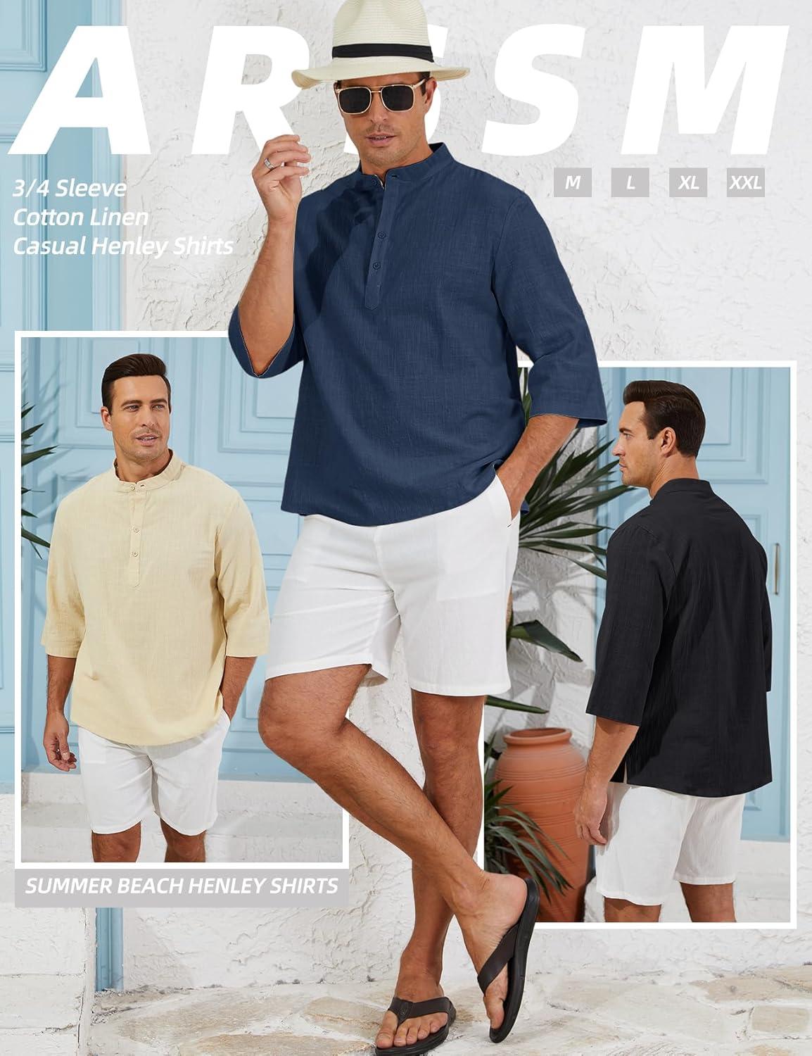 image:imageArssm Linen Shirts for Men Henley Shirts 34 Sleeve Cotton T Shirts Summer Beach TopsBlackbeigenavy