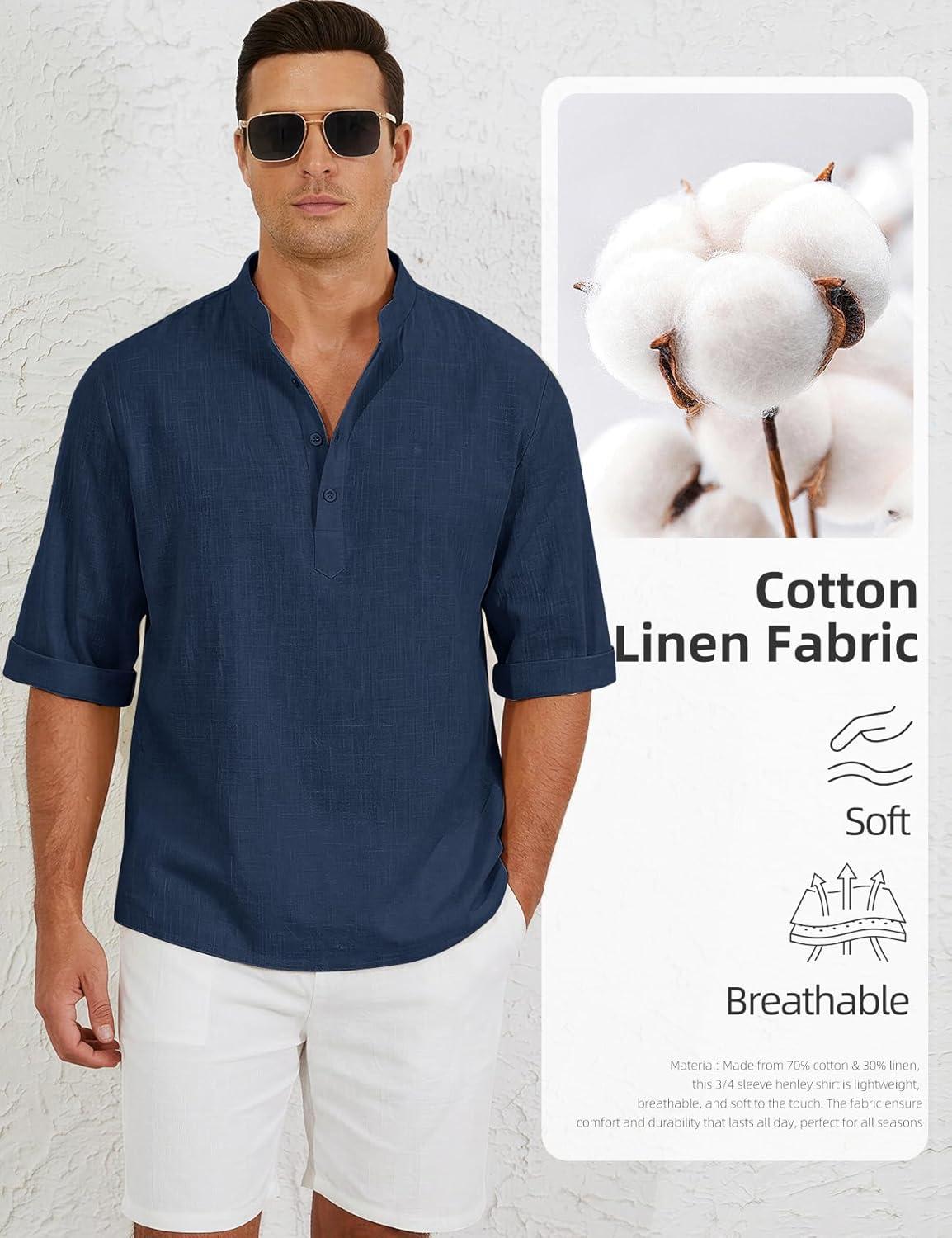 image:imageArssm Linen Shirts for Men Henley Shirts 34 Sleeve Cotton T Shirts Summer Beach TopsBlackbeigenavy
