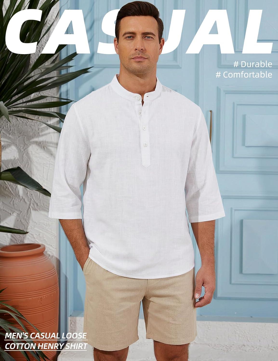 image:imageArssm Linen Shirts for Men Henley Shirts 34 Sleeve Cotton T Shirts Summer Beach TopsBlackbeigewhite
