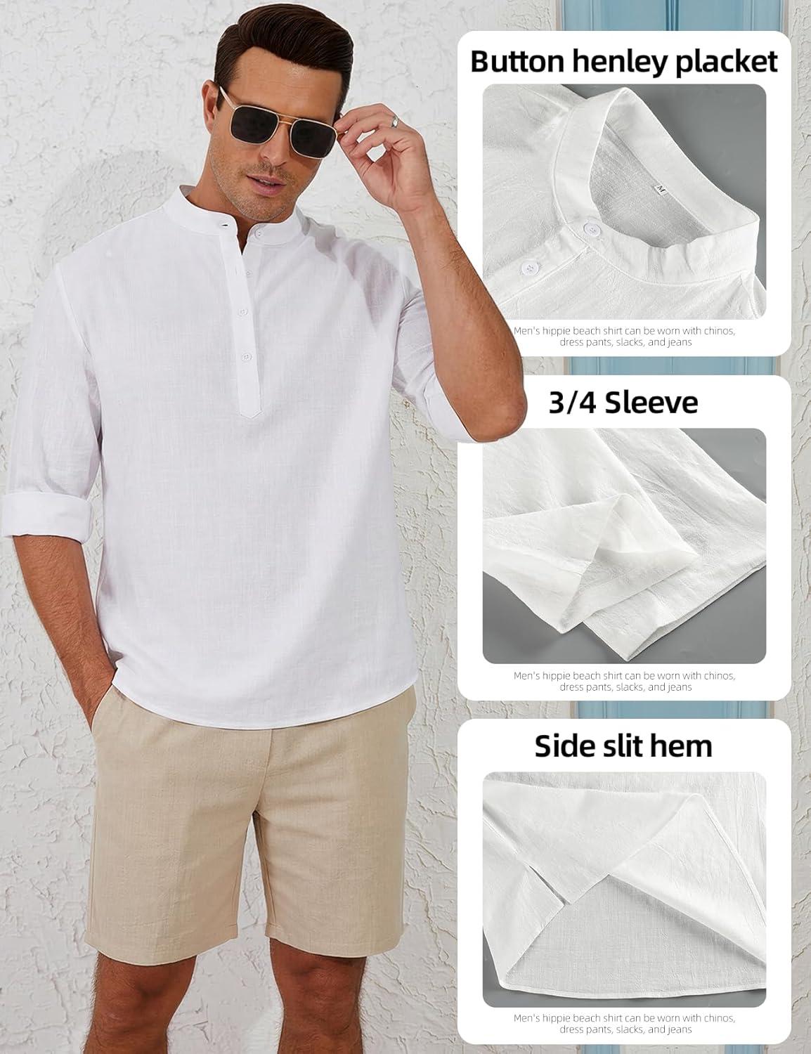 image:imageArssm Linen Shirts for Men Henley Shirts 34 Sleeve Cotton T Shirts Summer Beach TopsBlackbeigewhite