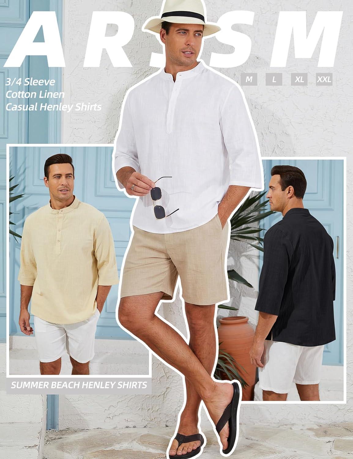 image:imageArssm Linen Shirts for Men Henley Shirts 34 Sleeve Cotton T Shirts Summer Beach TopsBlackbeigewhite