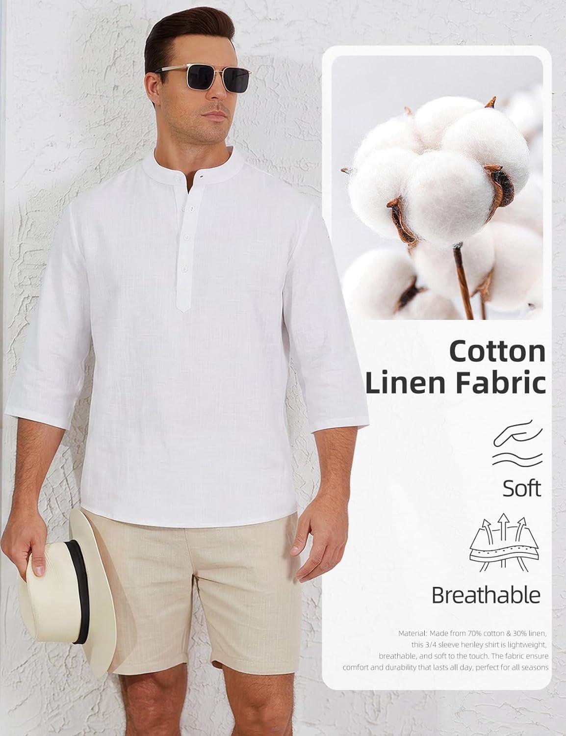 image:imageArssm Linen Shirts for Men Henley Shirts 34 Sleeve Cotton T Shirts Summer Beach TopsBlackbeigewhite