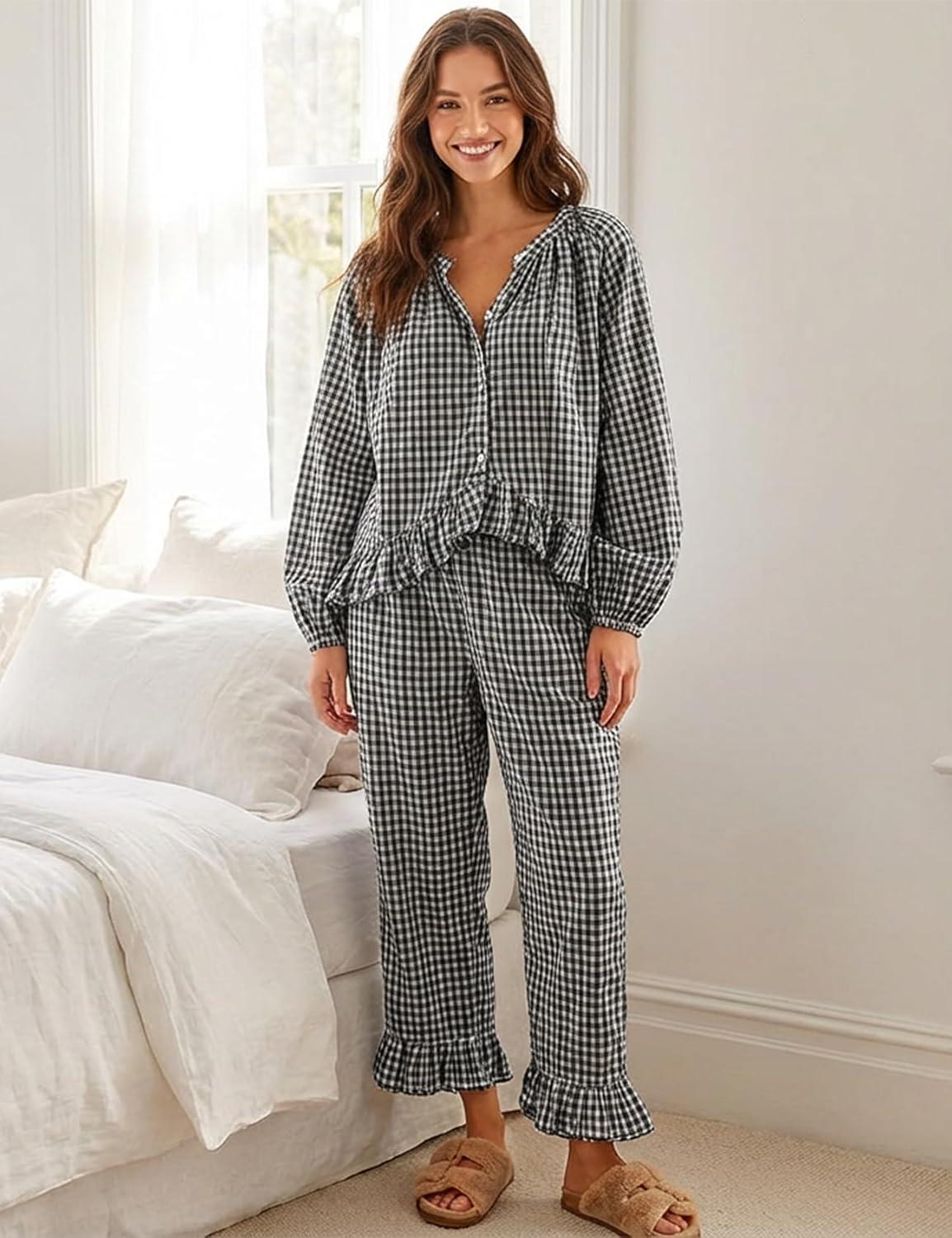 image:imageArssm Womens Gingham Pajama Set 2 Piece Plaid Button Down Long Sleeve Shirt and Pants Pjs Lounge Set OutfitsBlack