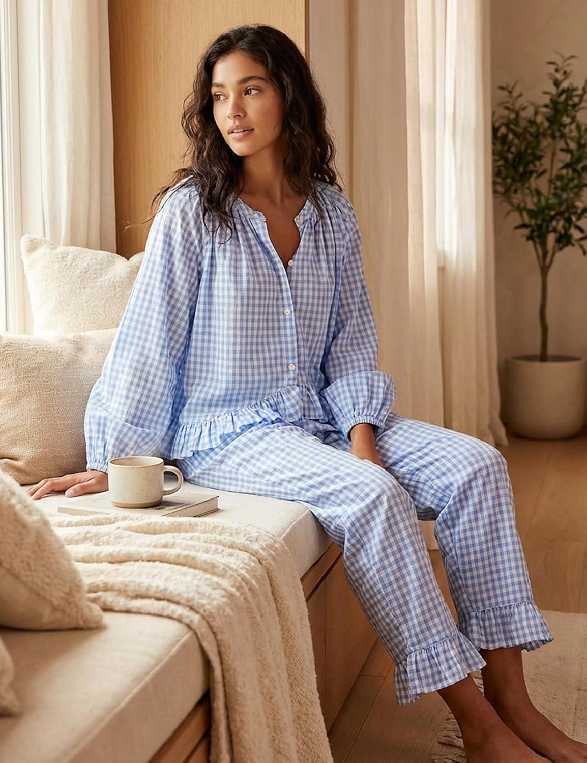 image:imageArssm Womens Gingham Pajama Set 2 Piece Plaid Button Down Long Sleeve Shirt and Pants Pjs Lounge Set OutfitsBlue