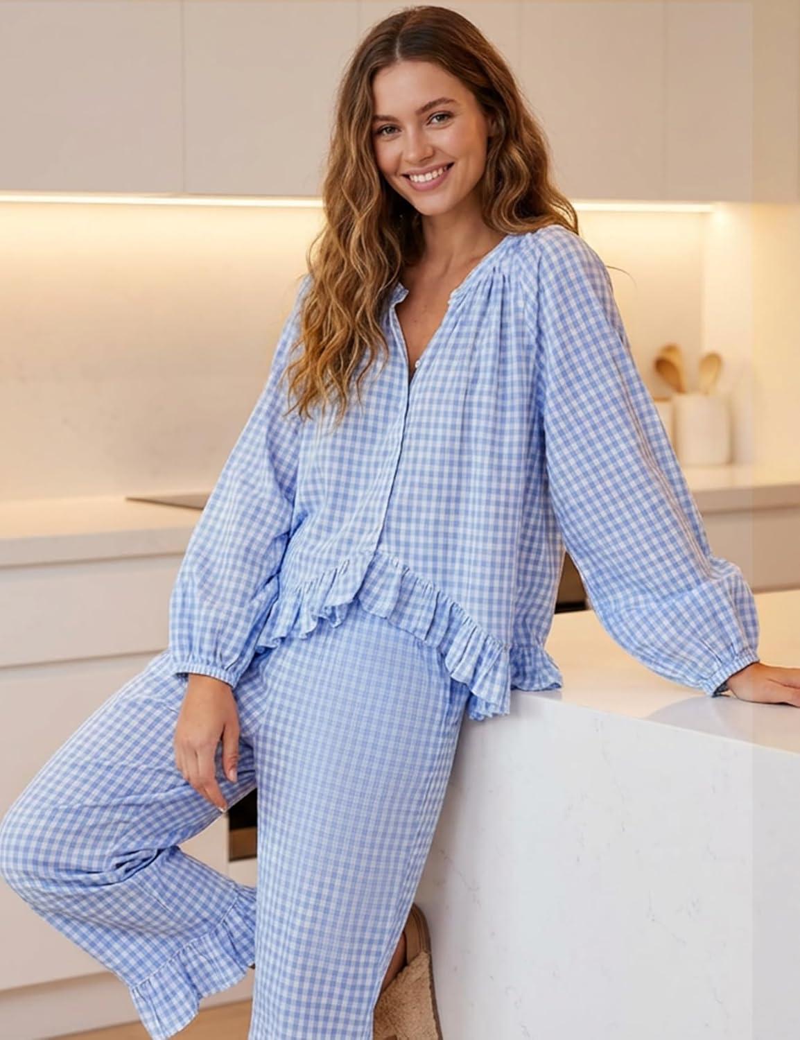 image:imageArssm Womens Gingham Pajama Set 2 Piece Plaid Button Down Long Sleeve Shirt and Pants Pjs Lounge Set OutfitsBlue