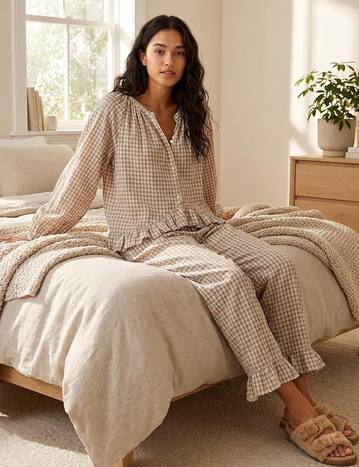 image:imageArssm Womens Gingham Pajama Set 2 Piece Plaid Button Down Long Sleeve Shirt and Pants Pjs Lounge Set OutfitsKhaki
