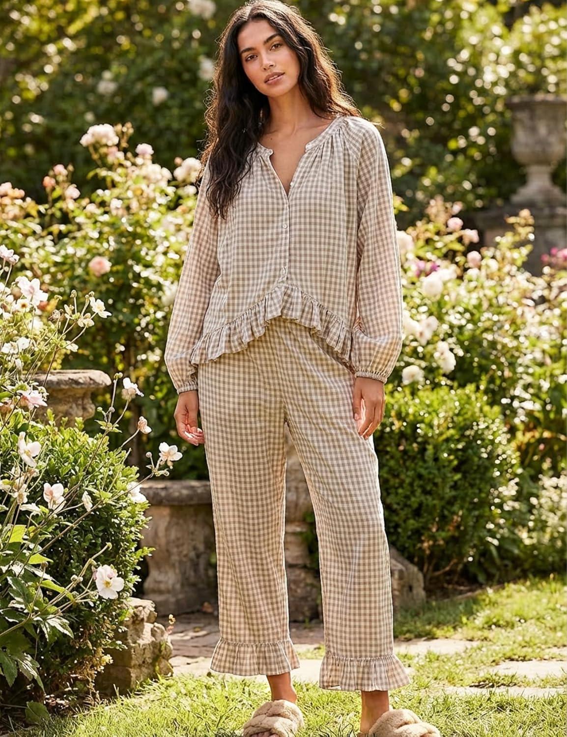 image:imageArssm Womens Gingham Pajama Set 2 Piece Plaid Button Down Long Sleeve Shirt and Pants Pjs Lounge Set OutfitsKhaki