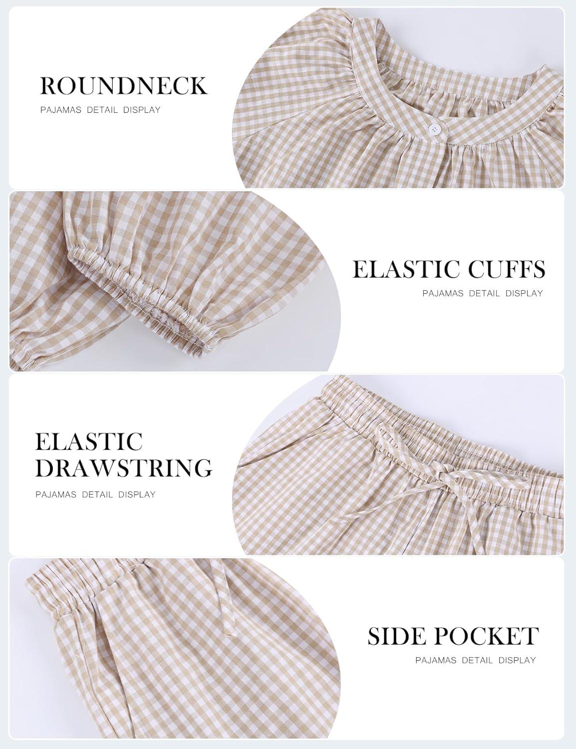 image:imageArssm Womens Gingham Pajama Set 2 Piece Plaid Button Down Long Sleeve Shirt and Pants Pjs Lounge Set OutfitsKhaki