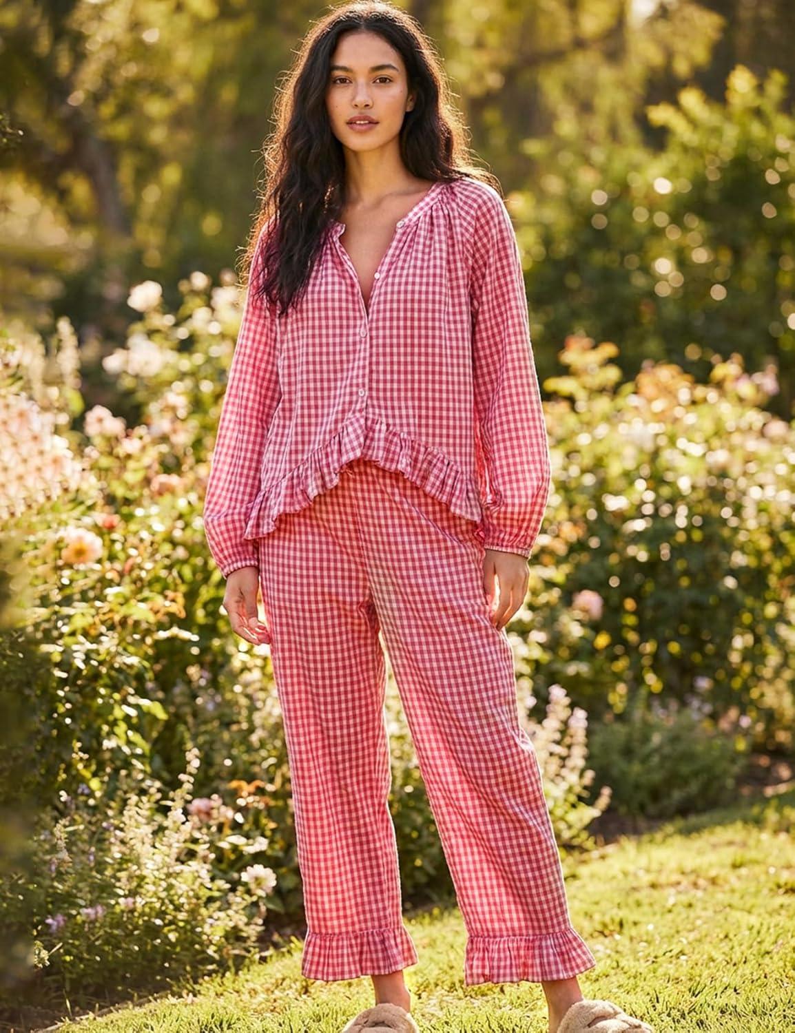 image:imageArssm Womens Gingham Pajama Set 2 Piece Plaid Button Down Long Sleeve Shirt and Pants Pjs Lounge Set OutfitsRed