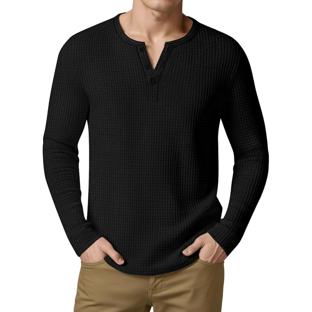 image:imageArssm 3 Pack Mens Waffle Henley Shirts Long Sleeve Cotton Casual TShirts Lightweight Thermal UndershirtsBlack