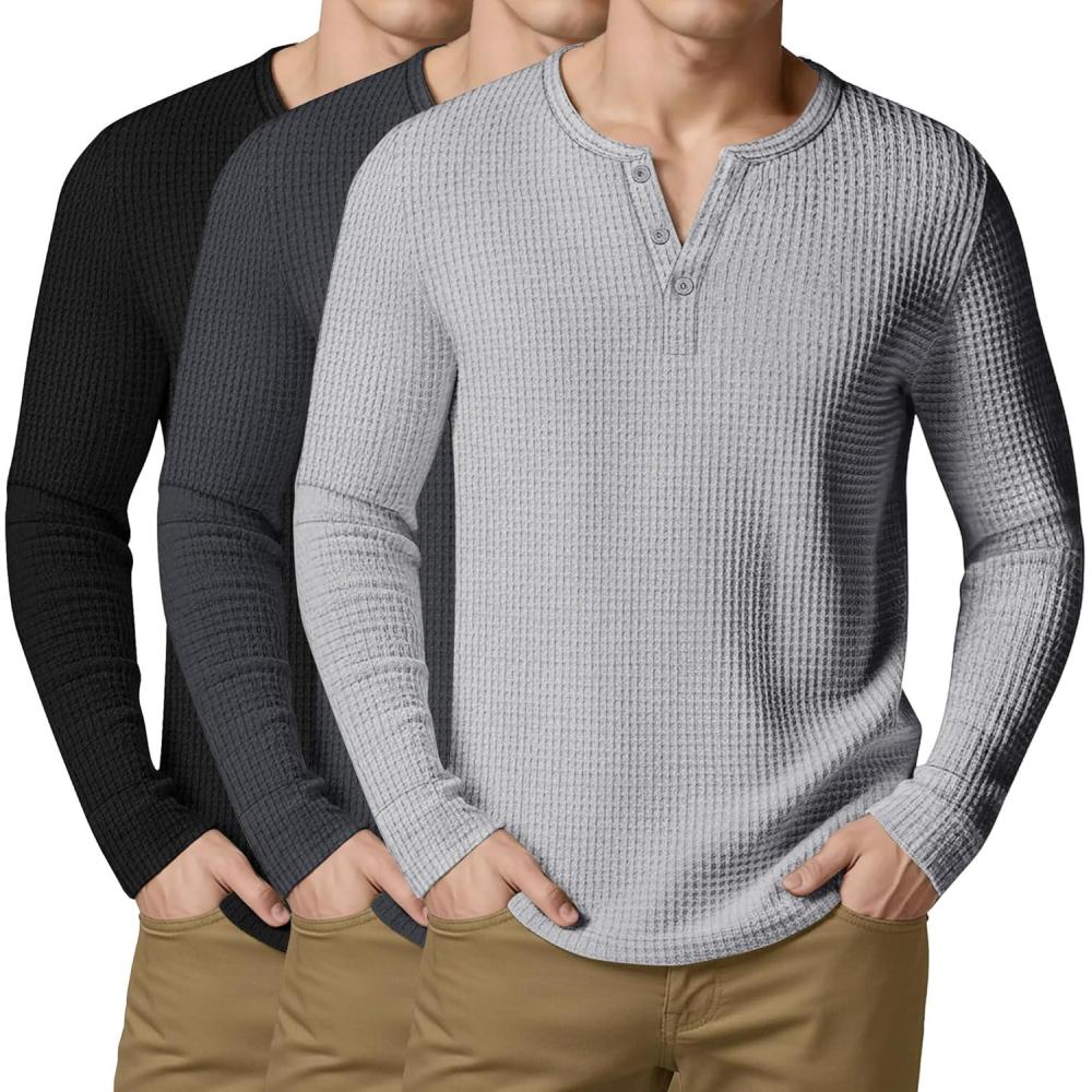 image:imageArssm 3 Pack Mens Waffle Henley Shirts Long Sleeve Cotton Casual TShirts Lightweight Thermal UndershirtsBlackdarkgreylightgrey