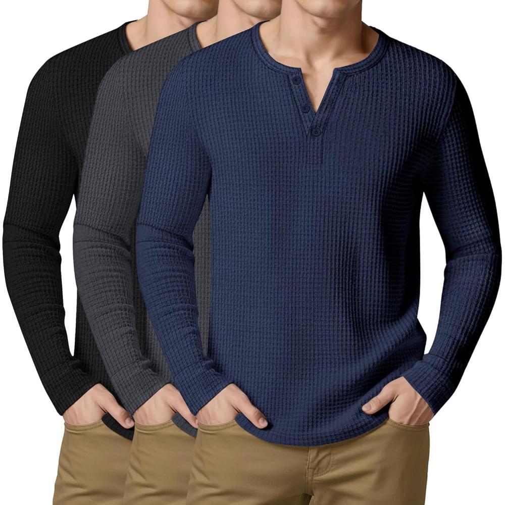 image:imageArssm 3 Pack Mens Waffle Henley Shirts Long Sleeve Cotton Casual TShirts Lightweight Thermal UndershirtsBlackdarkgreynavy
