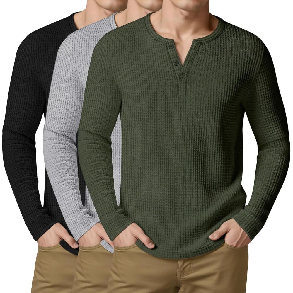 image:imageArssm 3 Pack Mens Waffle Henley Shirts Long Sleeve Cotton Casual TShirts Lightweight Thermal UndershirtsBlacklightgreyarmy