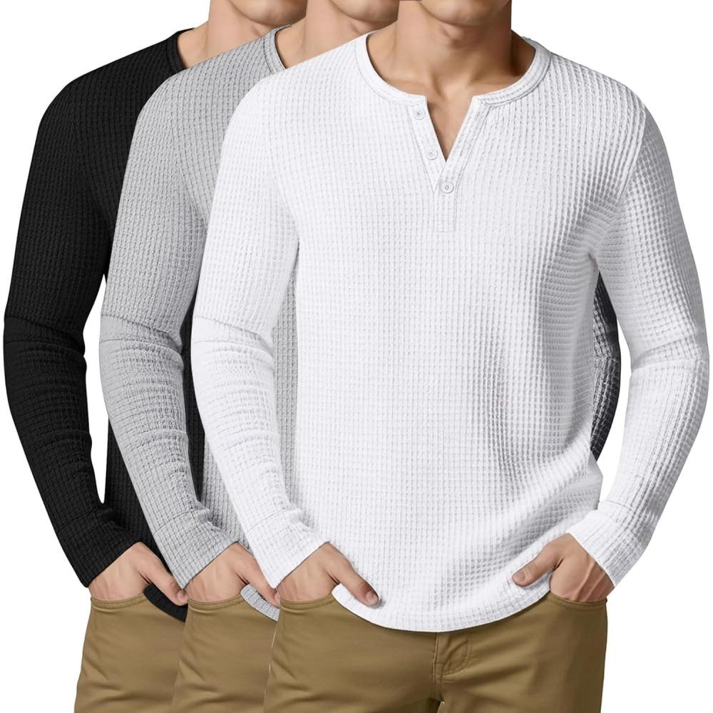 image:imageArssm 3 Pack Mens Waffle Henley Shirts Long Sleeve Cotton Casual TShirts Lightweight Thermal UndershirtsBlacklightgreywhite