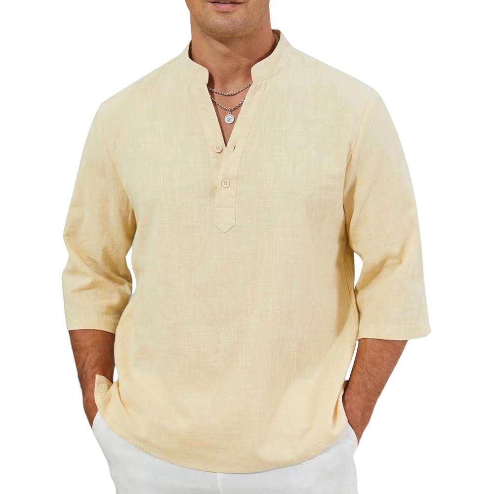 image:imageArssm Linen Shirts for Men Henley Shirts 34 Sleeve Cotton T Shirts Summer Beach TopsBeige