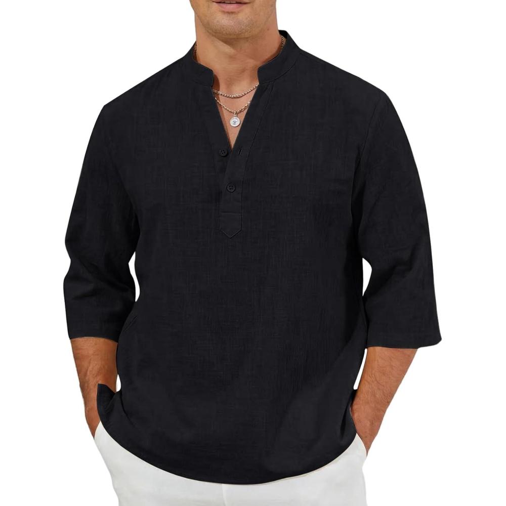 image:imageArssm Linen Shirts for Men Henley Shirts 34 Sleeve Cotton T Shirts Summer Beach TopsBlack