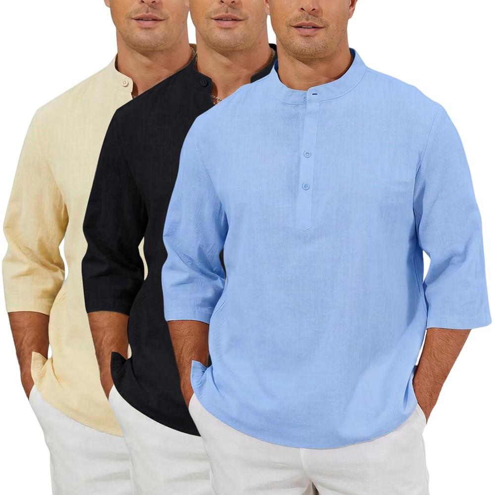 image:imageArssm Linen Shirts for Men Henley Shirts 34 Sleeve Cotton T Shirts Summer Beach TopsBlackbeigeblue
