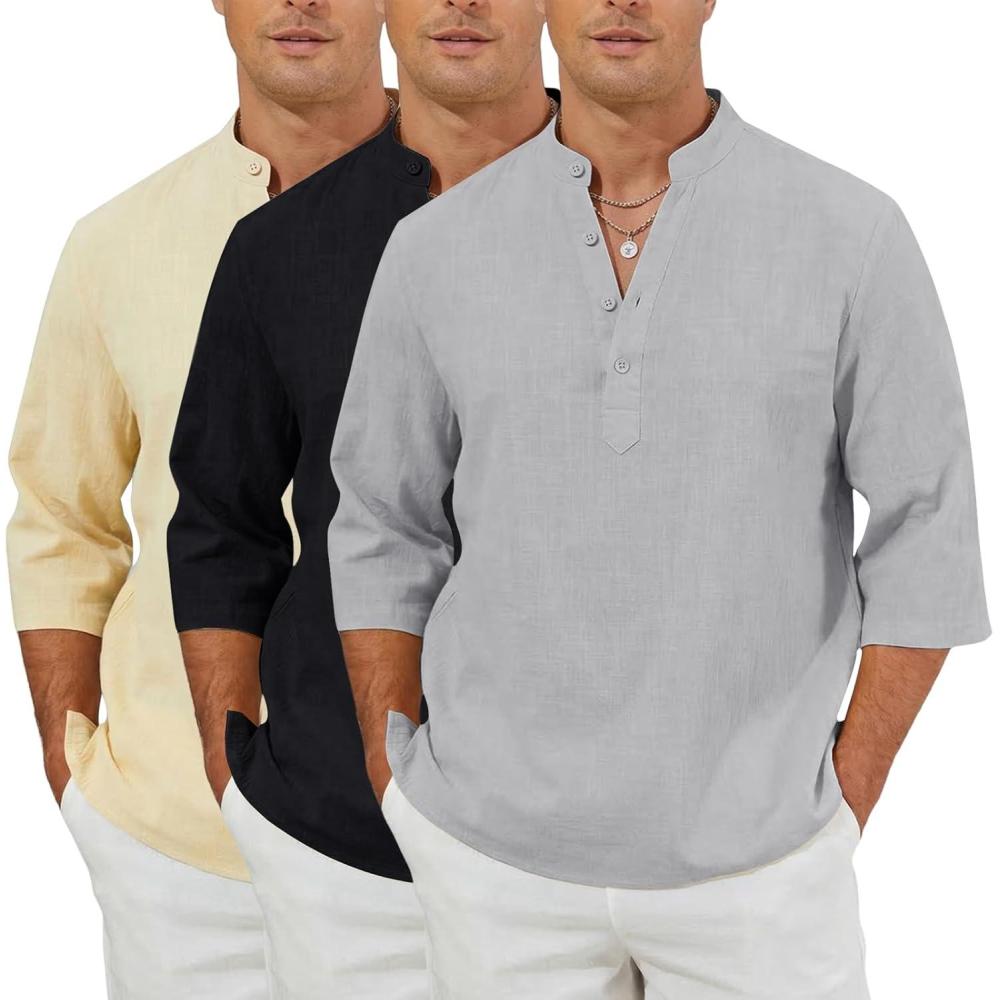 image:imageArssm Linen Shirts for Men Henley Shirts 34 Sleeve Cotton T Shirts Summer Beach TopsBlackbeigegrey